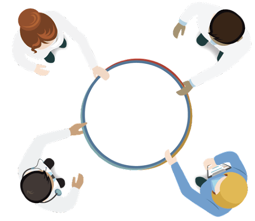 An animated image of four persons holding a circle ring