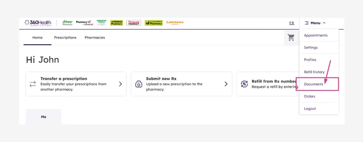 An image showing the process to generate pharmacy records and receipts by navigating to 'Documents' in the main menu.
