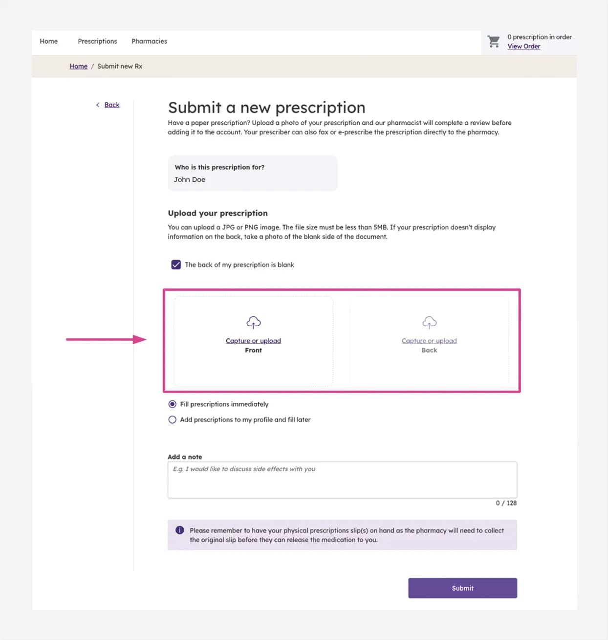 An image showing the process of upload and submit your prescription.