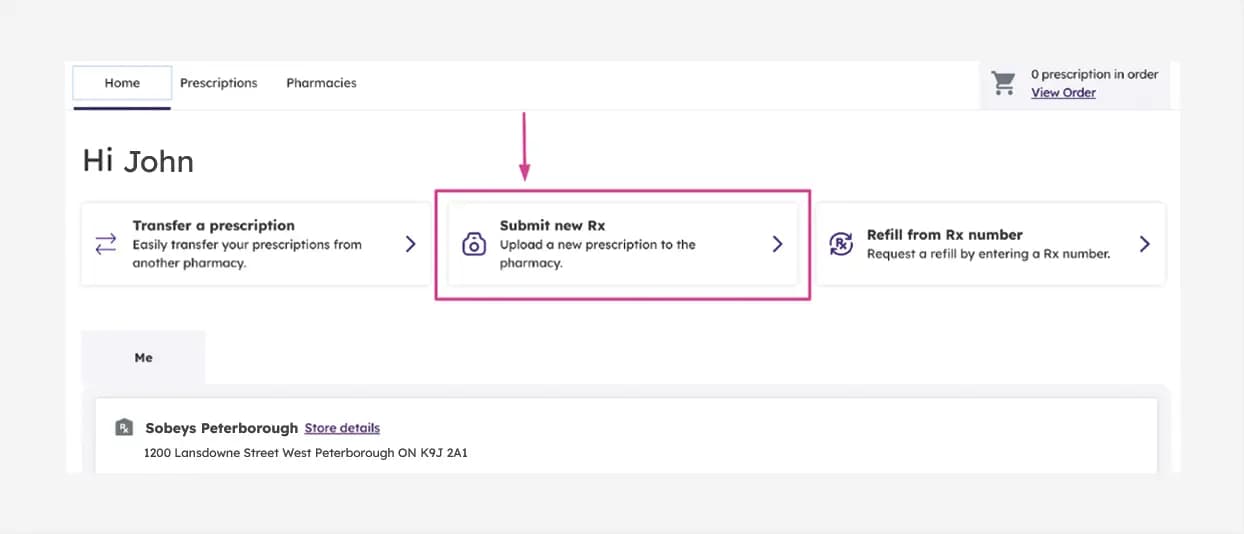 An image showing the process of clicking on the “Submit new Rx”.