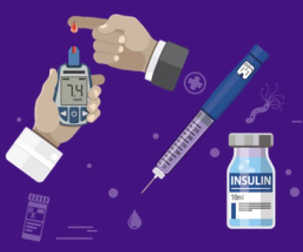 An animated picture of hands checking diabetes levels with a glucose monitor device, an injection and an insulin vaccine bottle.